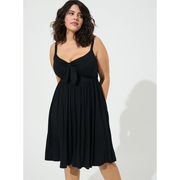 NWT* Torrid Black Mini Super Soft Bow Front Skater Dress - Picture 1 of 6